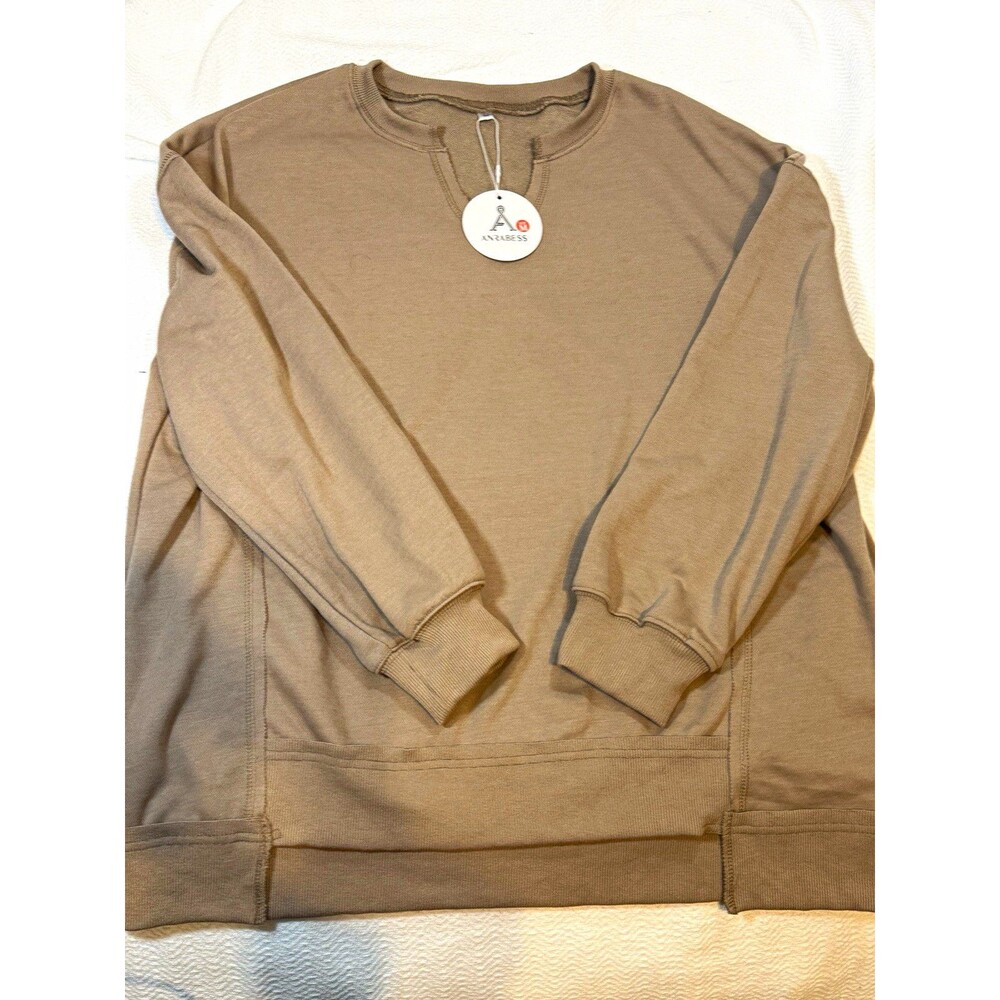 ANRABESS Womens M Brown Terry Cotton Blend Crewneck Raglan Sweatshirt Pockets